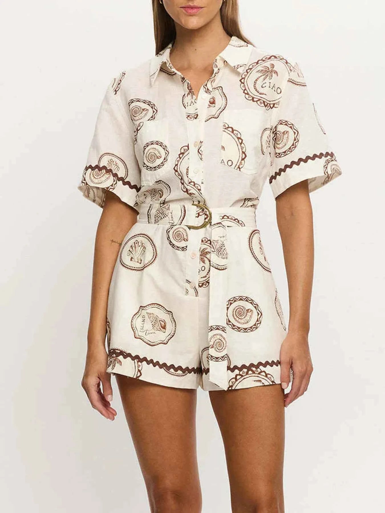 Printed Button-Up Half Sleeve Romper Beige 920e2b6222f74212ba04d07b0d2402de-Max-Origin