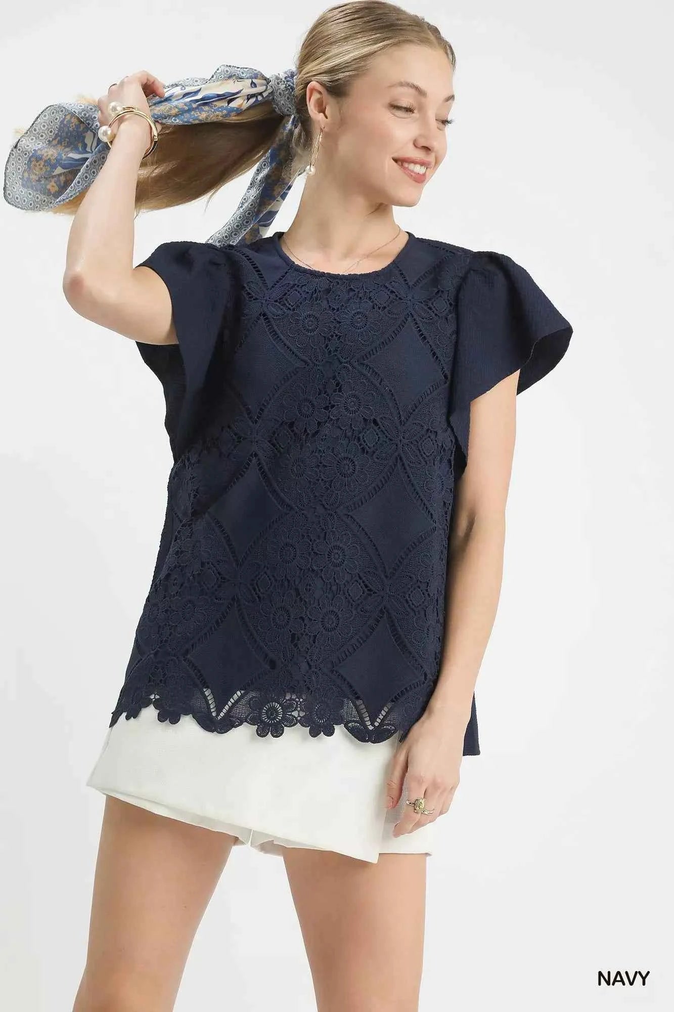 Umgee Floral Lace Overlay Flutter Sleeve Top NAVY 921343b8-100c-45ff-8d45-16fdf441a1f0-Max-Origin