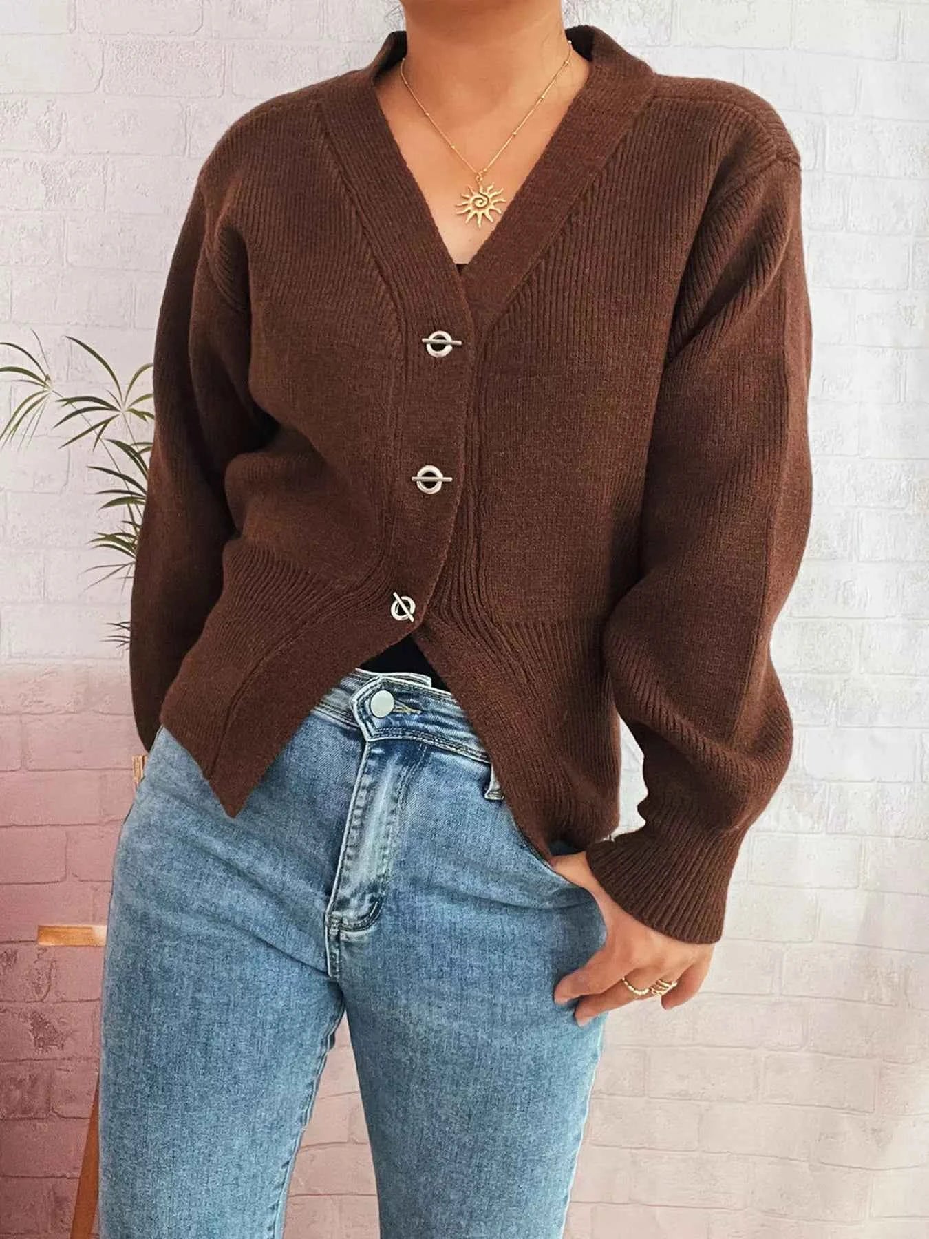 Button Up Long Sleeve Cardigan Brown One Size 92216f06682741b695b9fdb221cce49f-Max-Origin