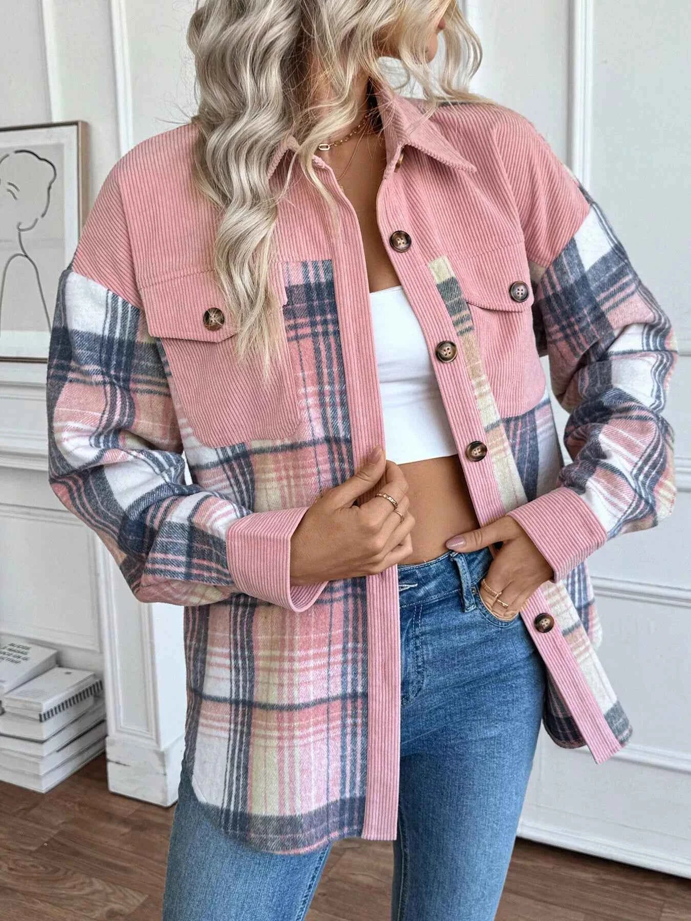 Plaid Button-Up Shacket with Chest Pockets 92250f302b764ffa97380c5c0206e789-Max-Origin