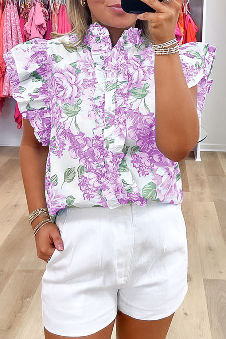 Sky Blue Floral Print Ruffle Sleeve Frill Shirt 92264a6612889719