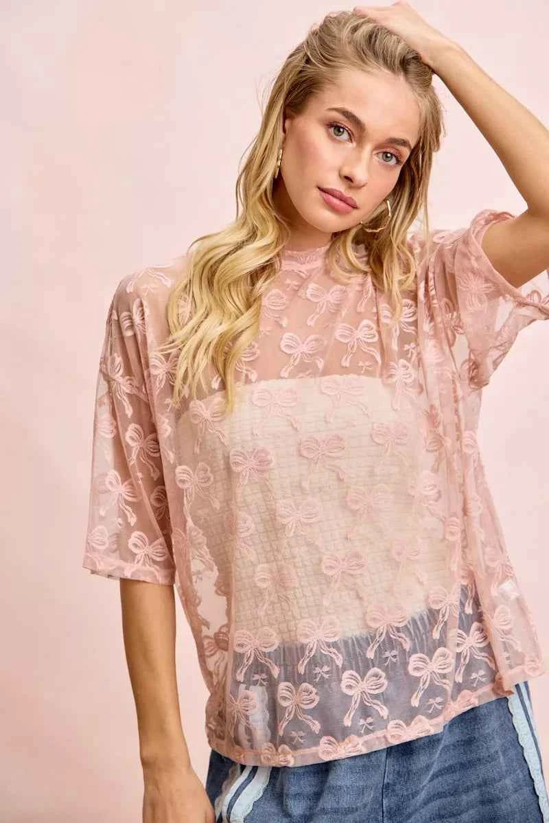 BiBi Bow Pattern Short Sleeves Boxy Mesh Top 922795c1eed14285b446d6e41afd248d-Max-Origin