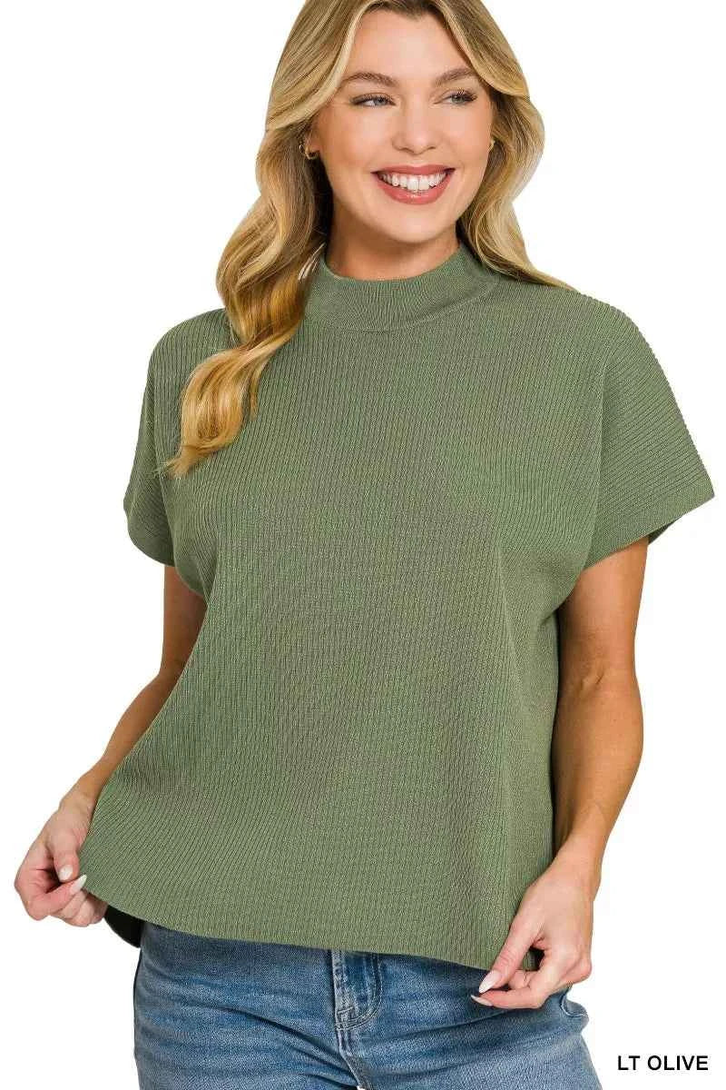 Zenana Viscose Mock Neck Short Sleeve Boxy Sweater LT OLIVE 922b1cc85048439da578e7606e83c347-Max-Origin