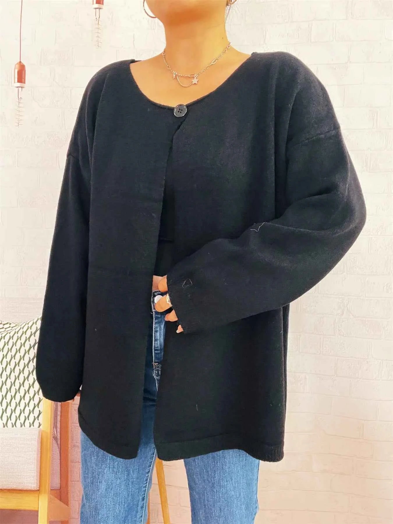 One Button Front Drop Shoulder Cardigan Black One Size 922de68be48d49e3b5200c7ce05d4a17-Max-Origin