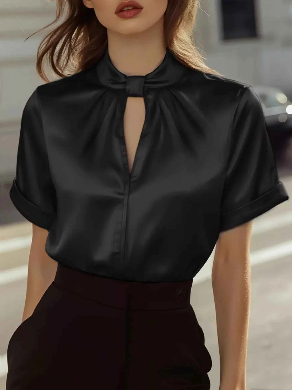 Keyhole Neck Satin Short Sleeve Blouse 922dee3f03204f099a9178730c8103ea-Max-Origin