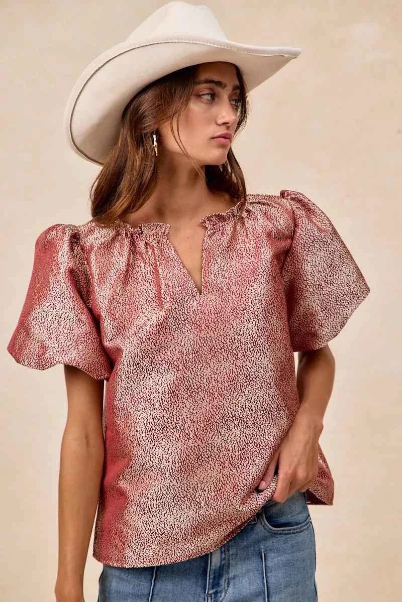 BiBi Jacquard Woven Short Balloon Sleeves V Neck Top 9231799f9610478487b5e20e27e71a50-Max-Origin
