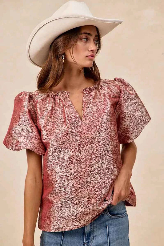 Jacquard Woven Short Balloon Sleeves V Neck Top 9231799f9610478487b5e20e27e71a50-Max-Origin