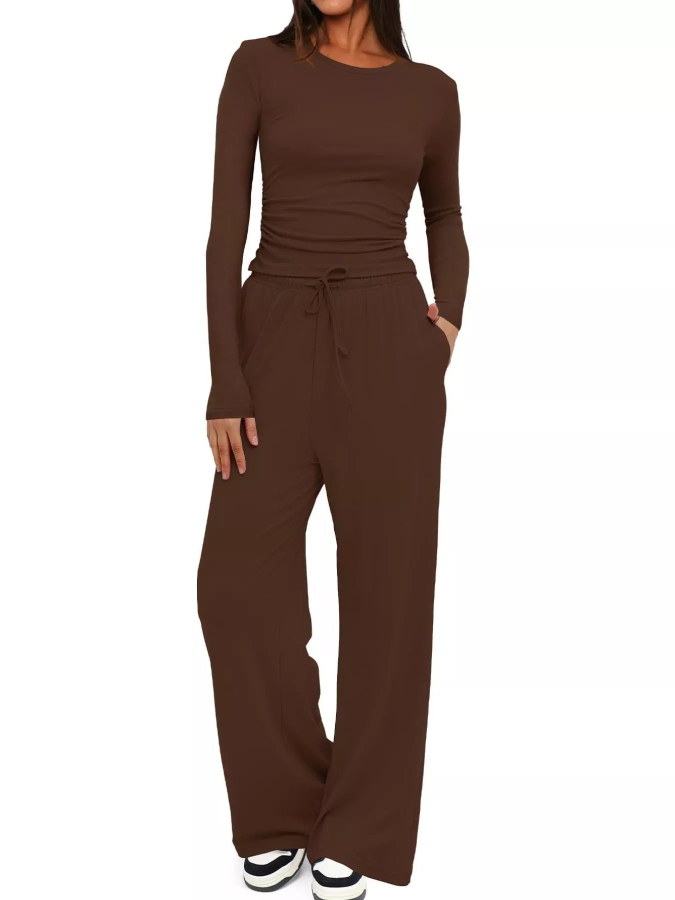 Round Neck Long Sleeve Top and Pants Set Brown 92332a0b-3e42-4831-be04-bf04b5057465-Max-Origin