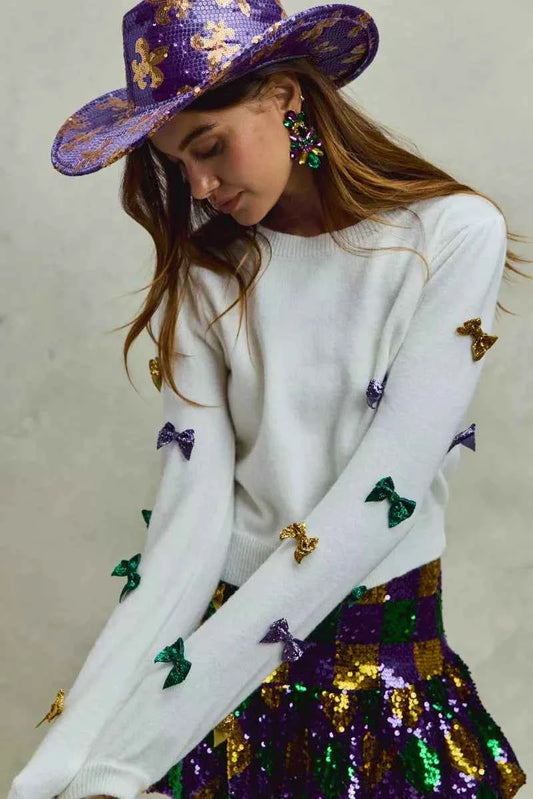 Mardi Gras Glitter Bow Ribbon Sweater Knit Top 92339e22ddc1493da71fd18f6ec6716b-Max-Origin
