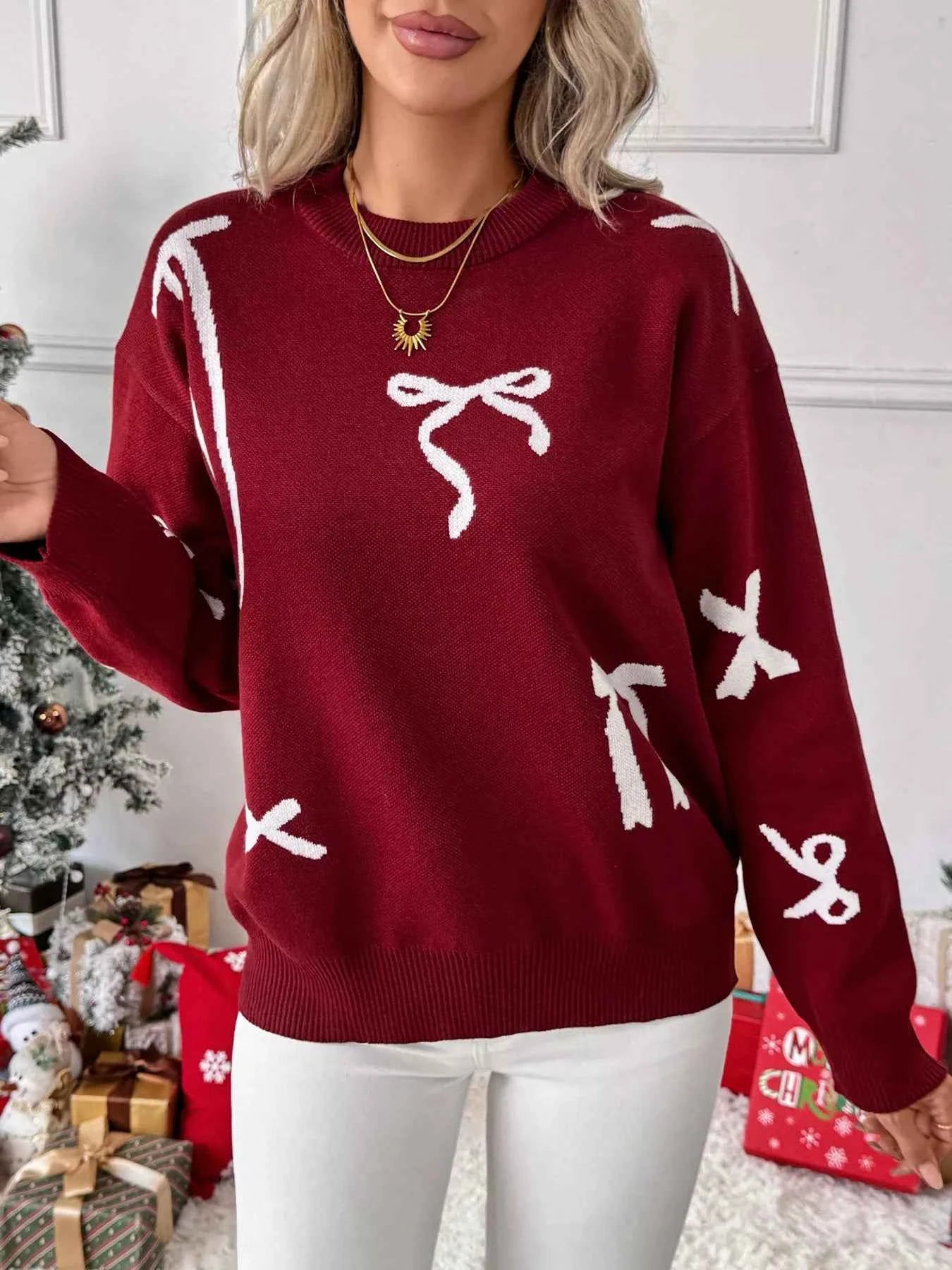 Bow Round Neck Long Sleeve Sweater 9234dcd3c30d4b27a2069fda444fd40a-Max-Origin