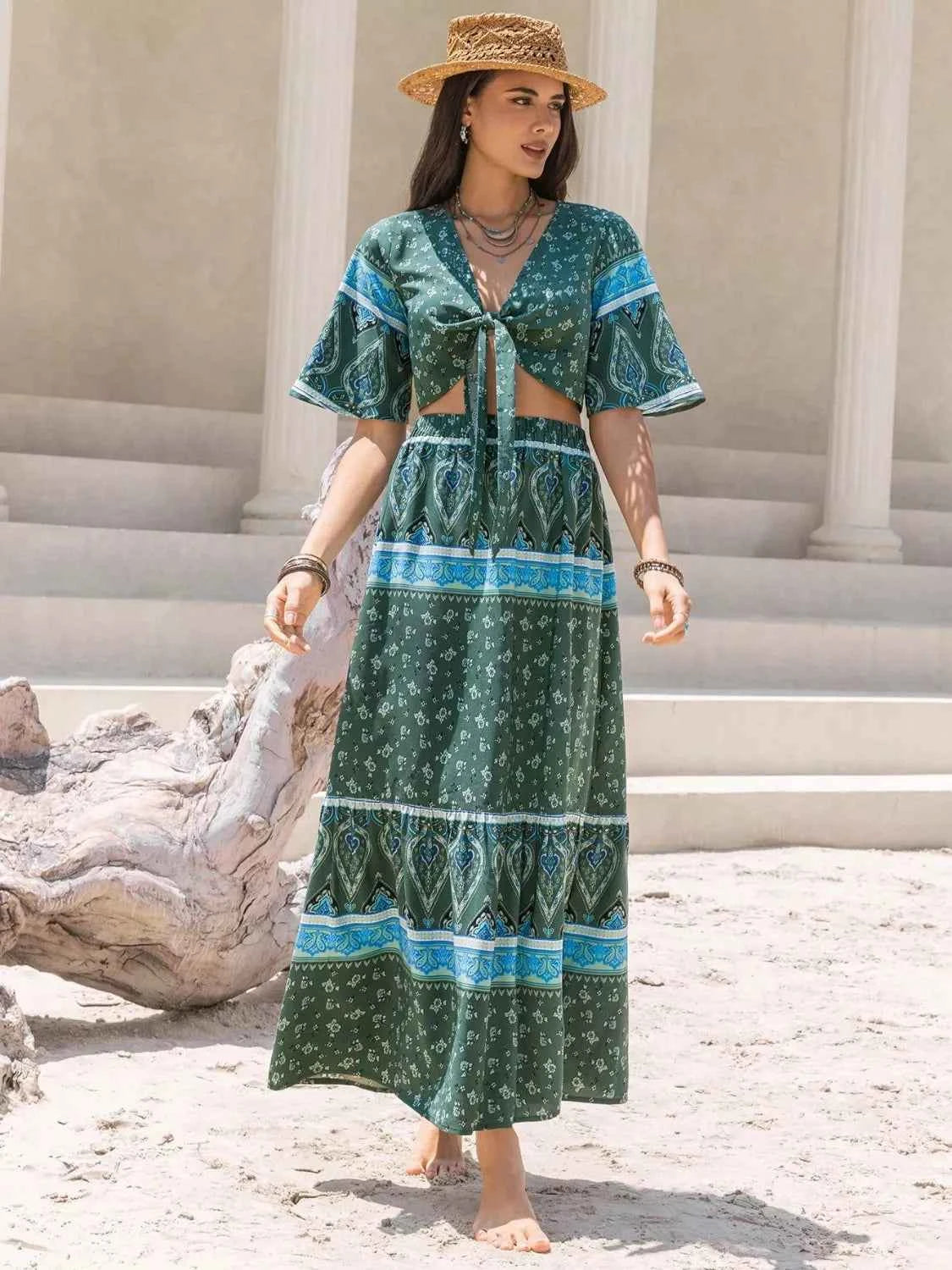 Tie Front Half Sleeve Top and Skirt Set 9236501b-f8d9-4e49-830d-75aa031abf4f-Max-Origin