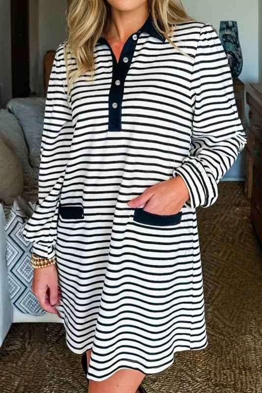 Stripe Collared Pocketed Long Sleeve T-Shirt Dress White Stripe 9237-1762427995010-f7d542a0d5f19f90