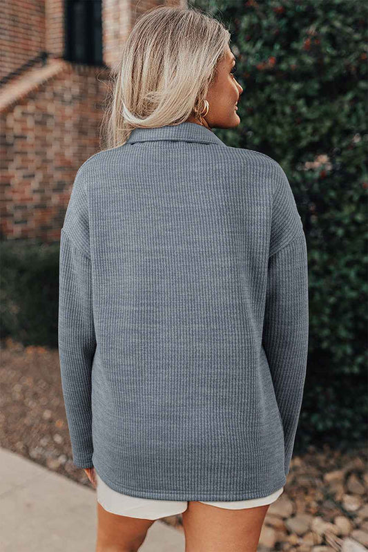 Medium Grey Ribbed Knit Buttons Front Flap Pocket Casual Shacket 92377ed6ccfa7699