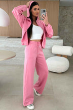 Pink Solid Color Zip Up Hoodie Drawstring Loose Pants Set 9238f3863415890d