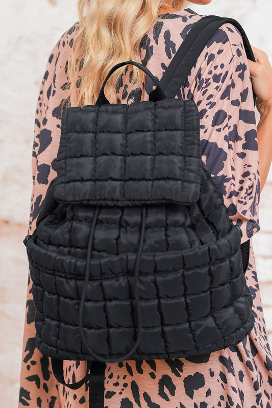 Black Solid Flapped Quilted Puffer Backpack 923b86e67b1c18cd