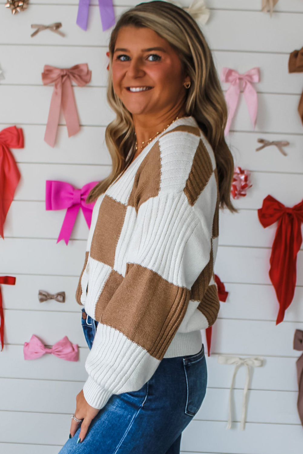 Khaki Checkered Pattern Button V Neck Ribbed Knit Cardigan 923c467b21c7556b