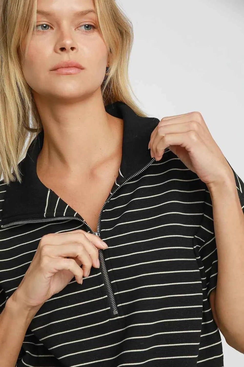 Umgee Striped Half Zip Short Sleeve Sweatshirt 923e9fe8-6e42-4473-9f27-7ea59e1b14f8-Max