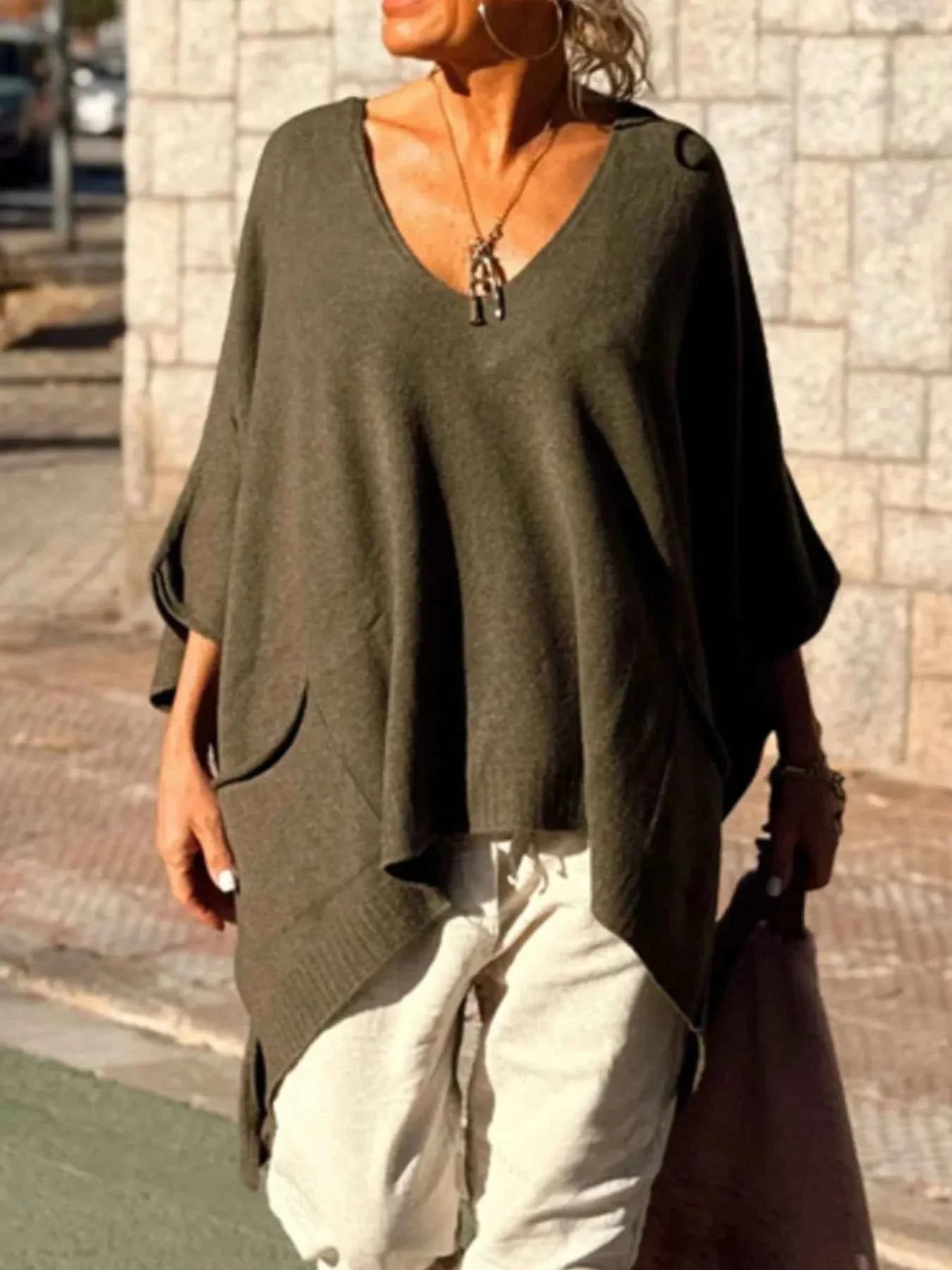 Ribbed Hem V-Neck Sweater Army Green 923f927a-17d2-4572-9176-582aa44d24a2-Max-Origin