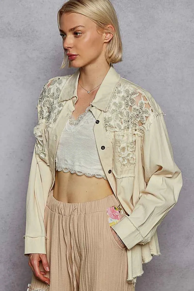 POL Button Down Raw Edg Shirt with Pearl Lace Patch 92410535-dc5c-4c66-bb92-f315ce1211b5-Max-Origin