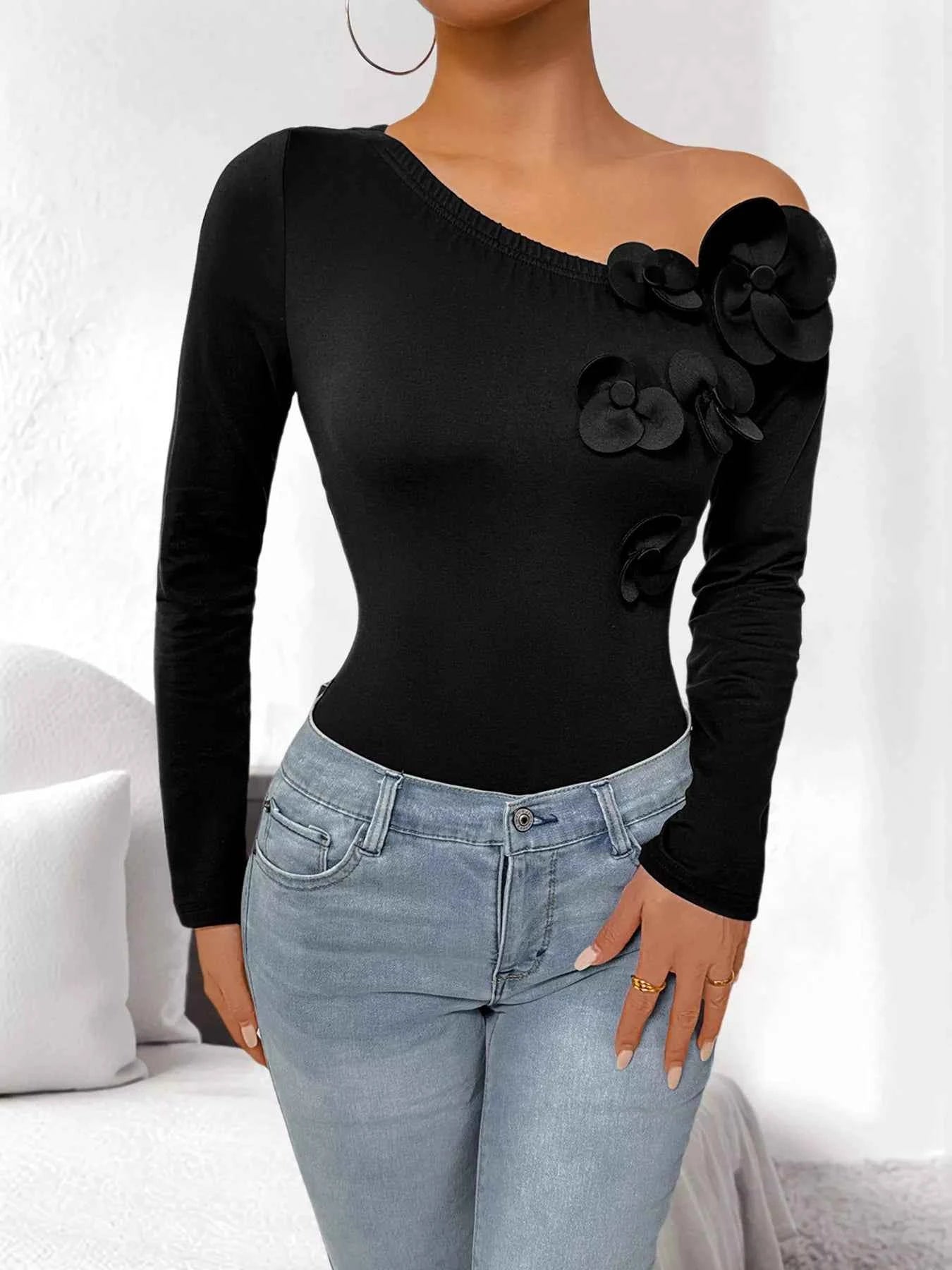 Flower One Shoulder Long Sleeve Bodysuit 92432e9e4b464f25b0904f652accbeae-Max-Origin
