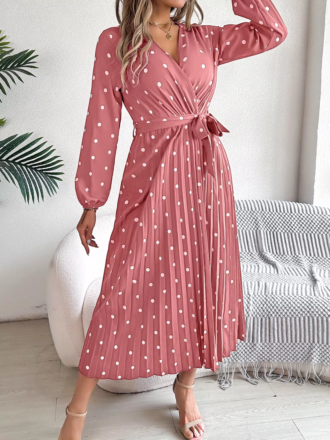 Front Tie Polka Dot Midi Pleated Dress 924b452a-be41-41b7-922c-44def1818d79-Max-Origin