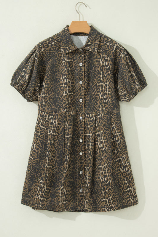 Gray Leopard Print Short Sleeve Pleated Denim Mini Dress 924b875dc7b1565b