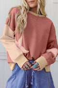 Rose Pink Star Patchwork Exposed Seam Uneven Hem Sweatshirt Rose Pink 65%Polyester+35%Cotton 924d2361a6f26457