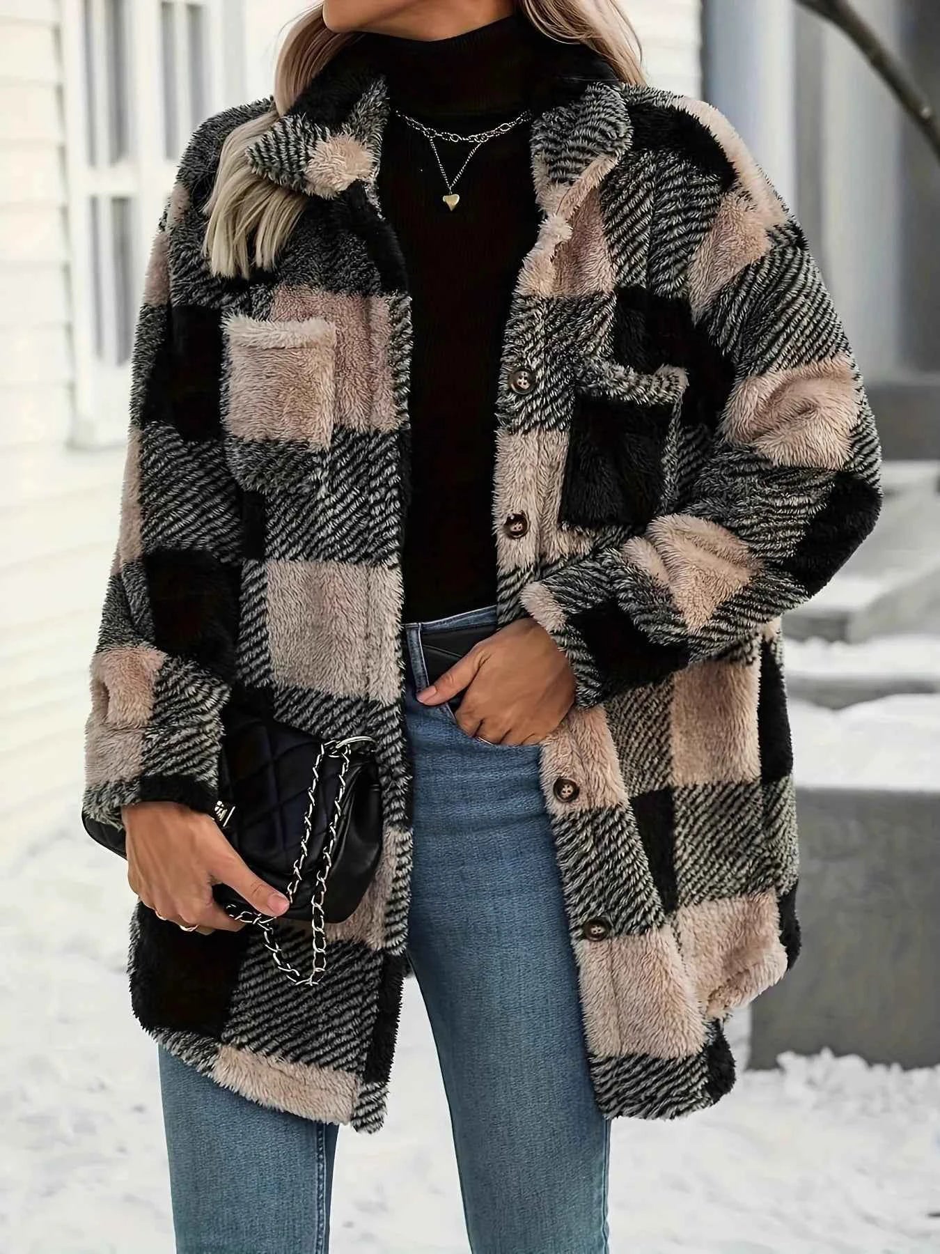 Button Down Collared Neck Plaid Teddy Coat with Pockets Black 924fd2ce0ddf41b099aa0a12f3f6f7ff-Max-Origin
