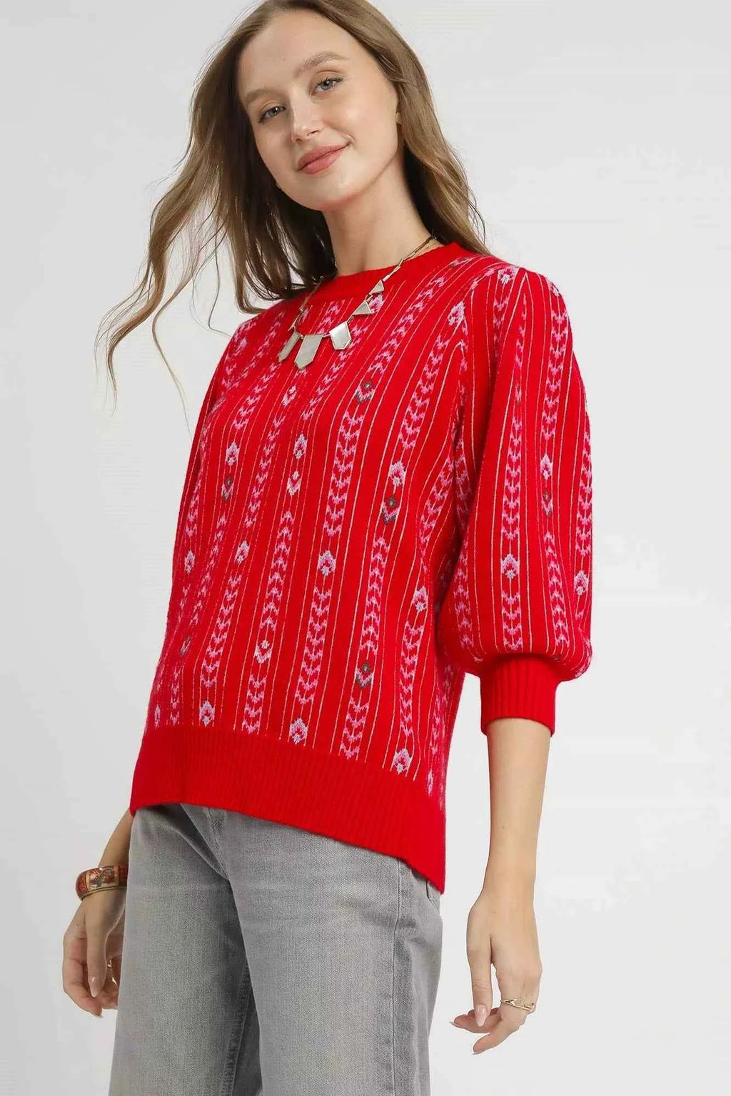 Umgee Jacquard Knit Puff Sleeve Sweater 9250f154-581d-4138-bc37-7ccc6e642ff2-Max-Origin