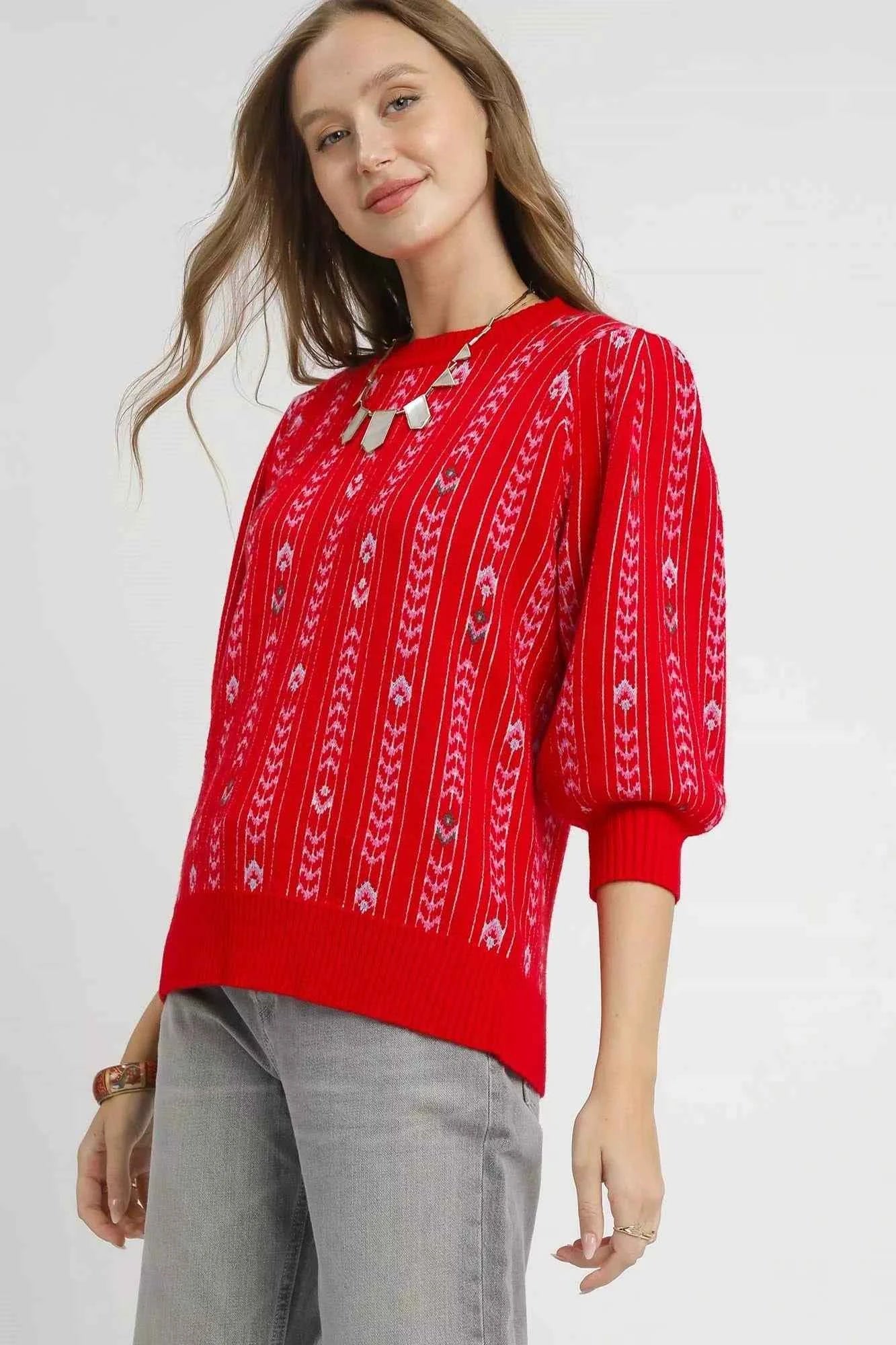 Umgee Jacquard Knit Puff Sleeve Sweater 9250f154-581d-4138-bc37-7ccc6e642ff2-Max-Origin