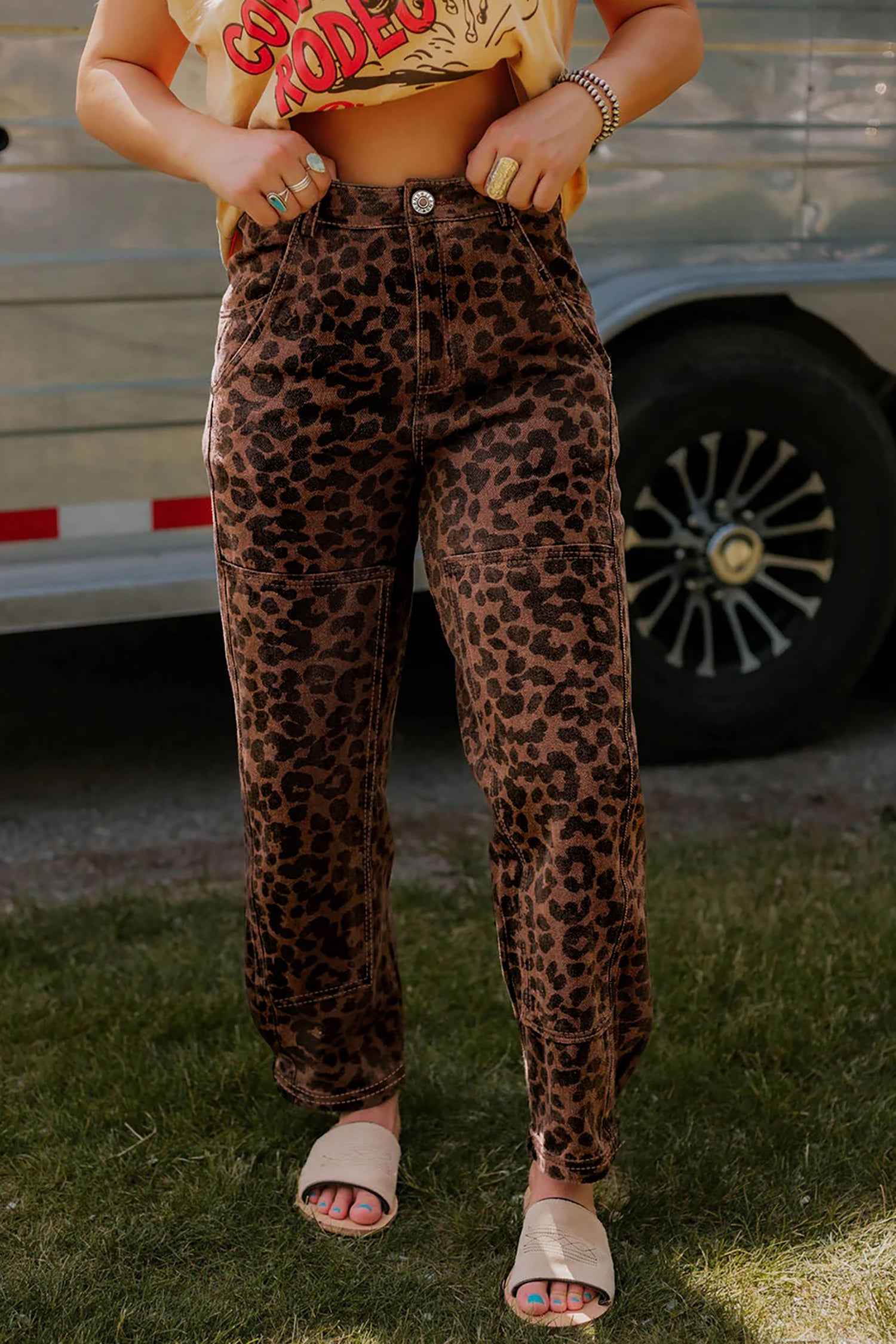 Brown Clear Seam Detail Patchwork Leopard Print Jeans Brown 65%Cotton+33%Polyester+2%Elastane 92517be00928cc0b
