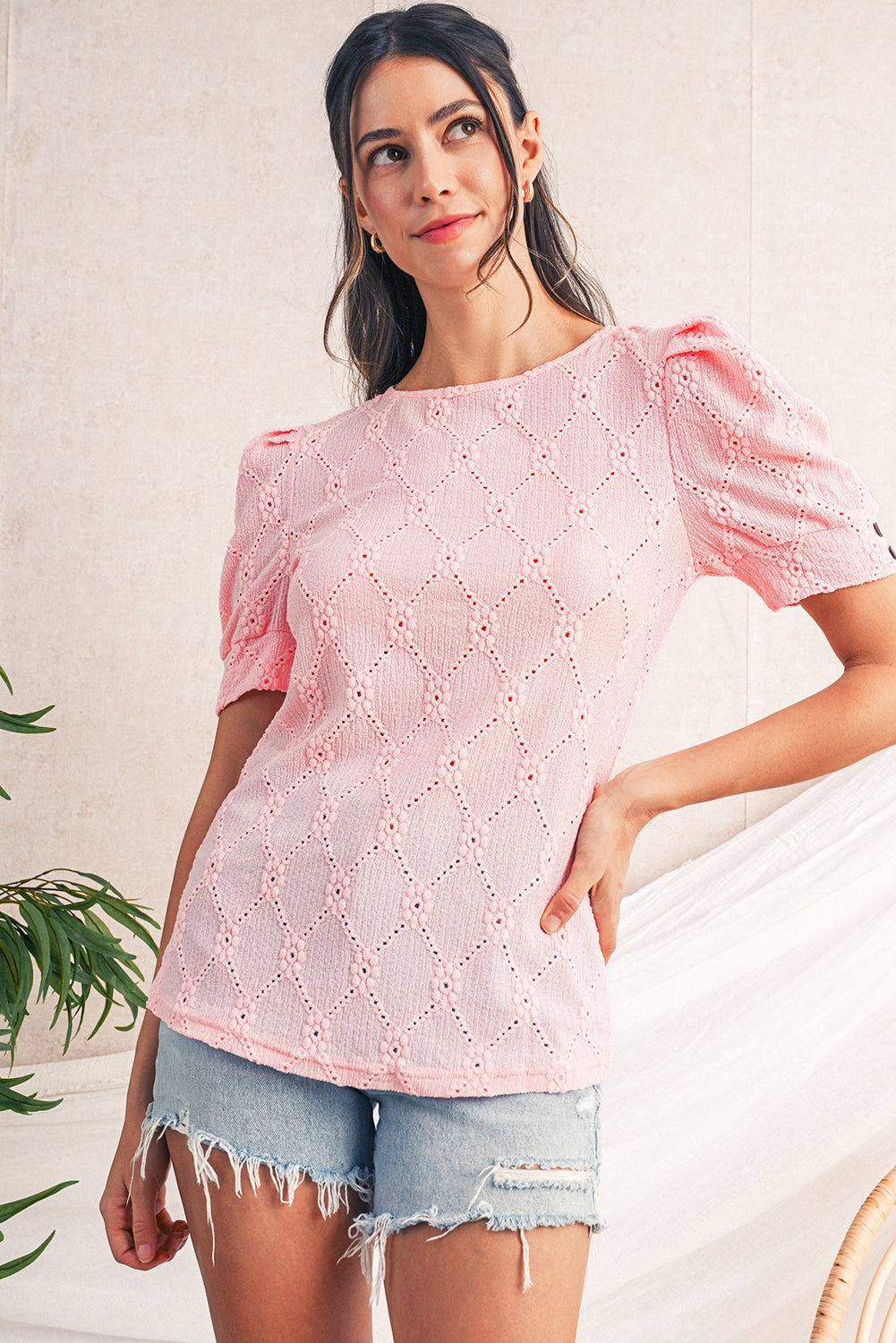 White Embroidered Floral Geometric Button Short Sleeve Top 925292b22a4b694a