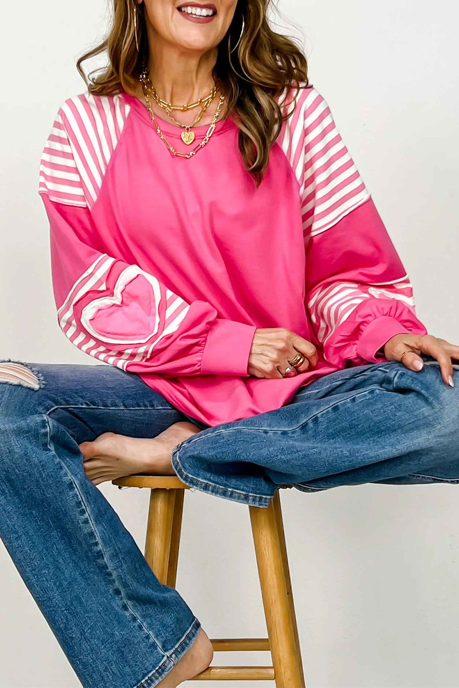 Strawberry Pink Heart Shape Striped Patchwork Long Sleeve Loose Top Strawberry Pink 95%Cotton+5%Elastane 92531bedda5f54f1
