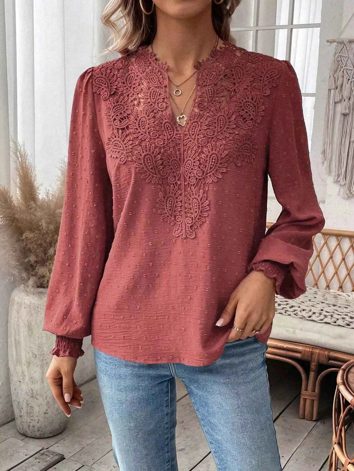 Swiss Dot Lace Detail Long Sleeve Blouse 925324ca-1592-4296-9ab8-5d6f55957e7a-Max-Origin