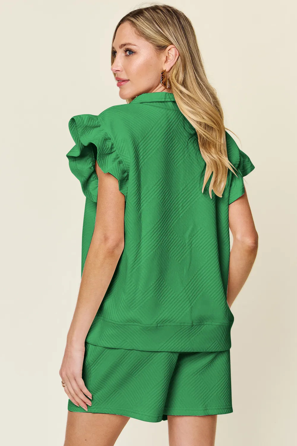 Double Take Full Size Texture Flounce Sleeve Top and Drawstring Shorts Set 92596d68-7c39-4457-a65c-9bcc434b1901-Max