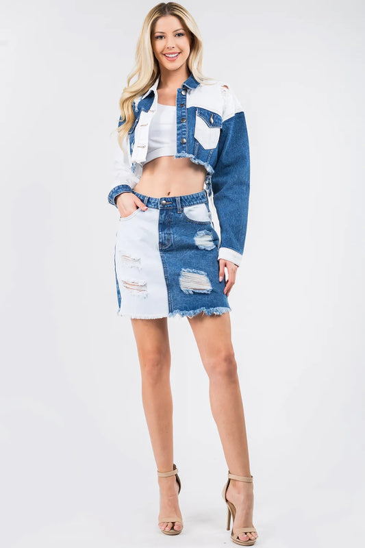 Contrast Patched Frayed Distressed Denim Skirt - 100% Cotton 925a634d-d0d4-47a8-bcd6-3d15a7ec1b7e-Max