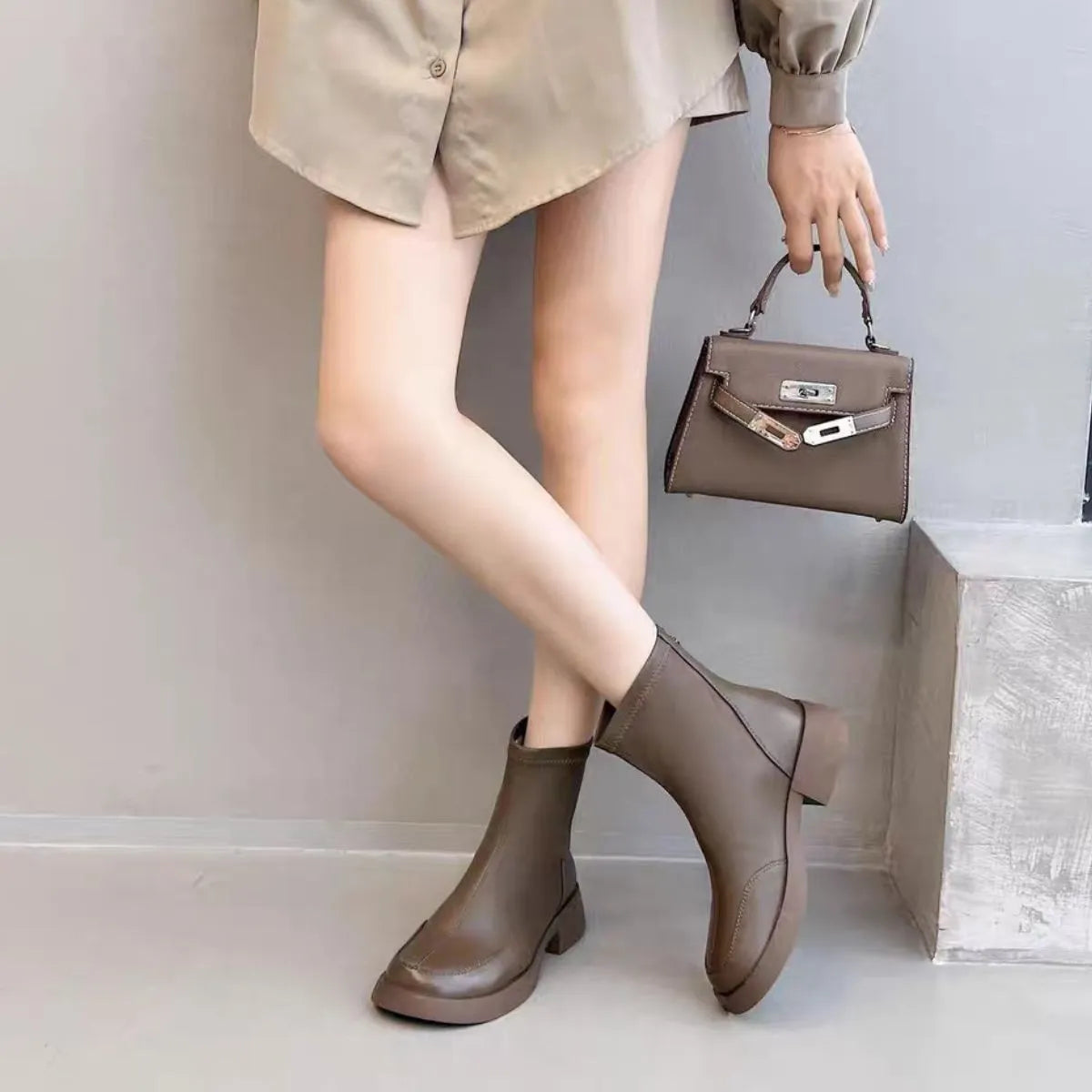 Round Toe Block Heels Boots Taupe 925a8e4b-5724-4cec-9e39-6304a614f818-Max-Origin