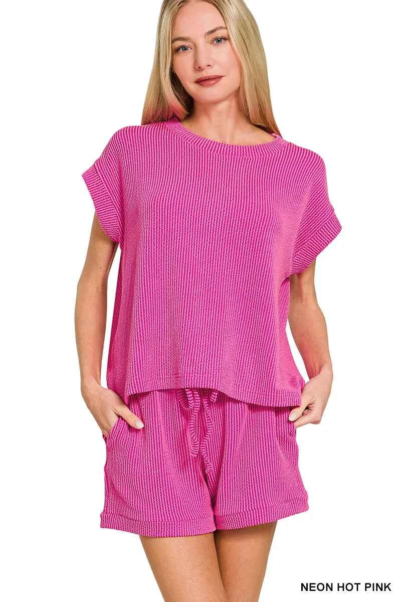 Zenana Raised Rib Cap Sleeve Top & Shorts Set NEON HOT PINK 925bae33db9a4ee5b8caa12d874baa31-Max-Origin