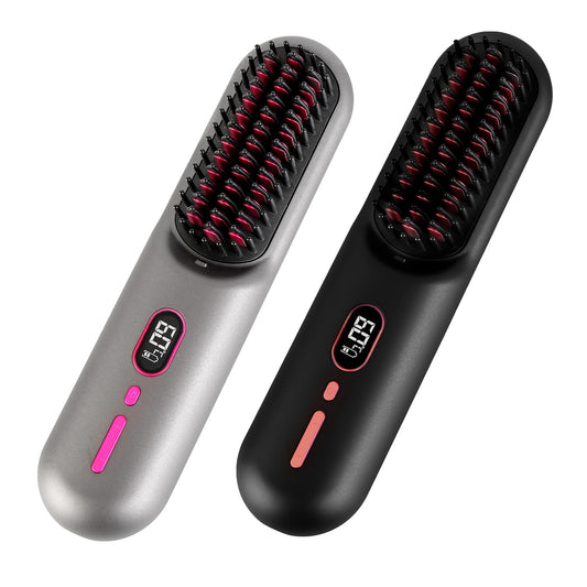 Grey-Black Options -- 1Pc Cordless Negative Ion Hair Straightener Brush Rechargeable Mini Styling Comb With 12 Heating Levels Anti-scald 30S Preheating 30Mins Auto Sleep LCD Display 925bf888-4564-4be4-aaf6-d6c7d1f0c596