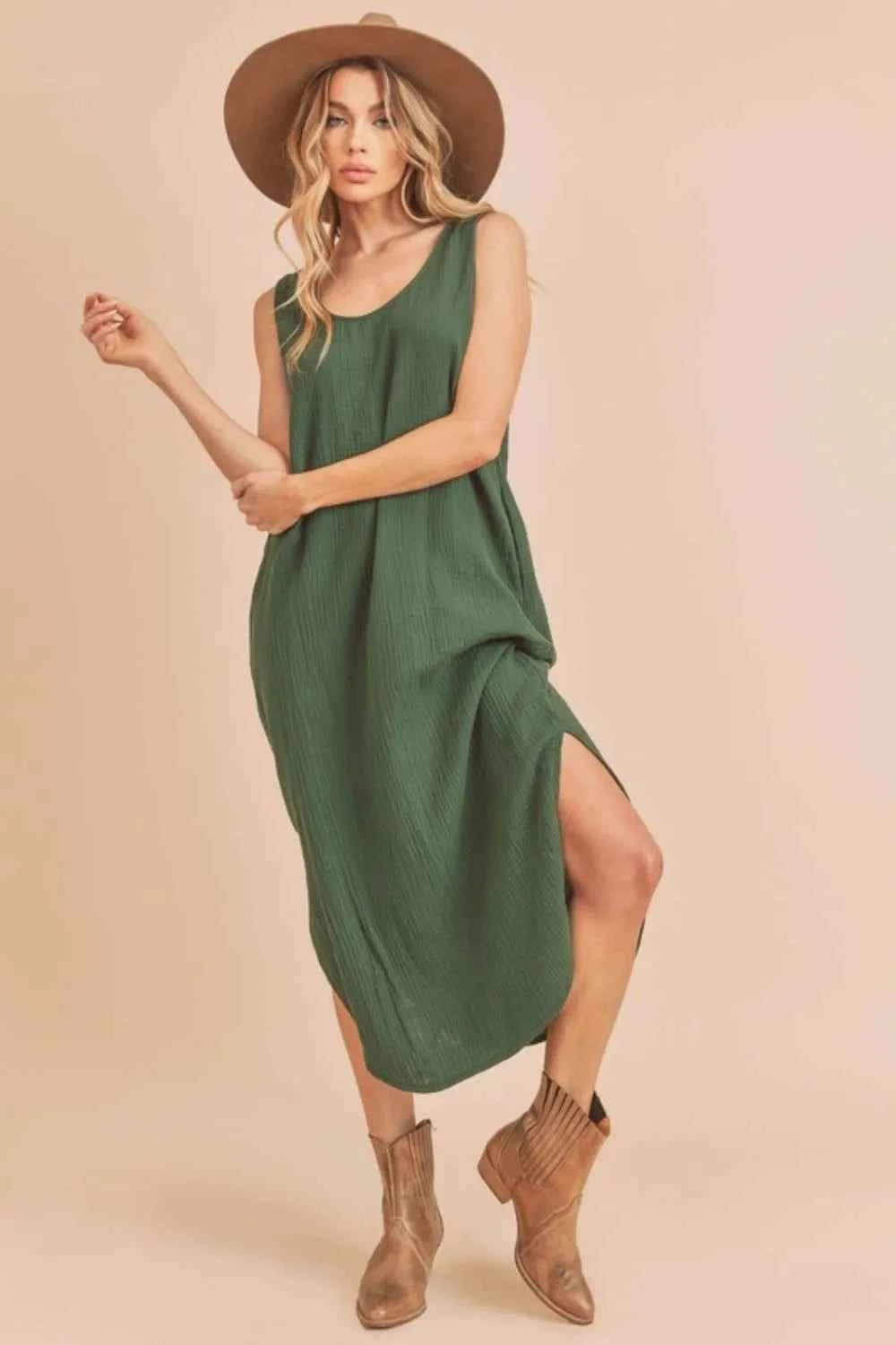 Aemi + Co Round Neck Midi Tank Dress with Pockets Dark Green 9265f0a4-9fbd-48c6-bdb4-69643e1a5d34-Max