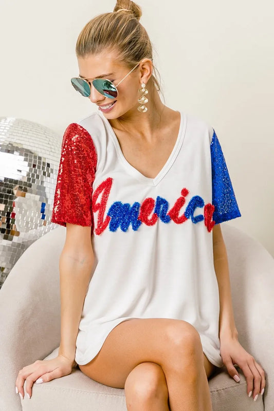 Metallic Letter V-neck Sequin Sleeves Top 926962a3a9f94b5c8fbac1ef835ff38e-Max-Origin