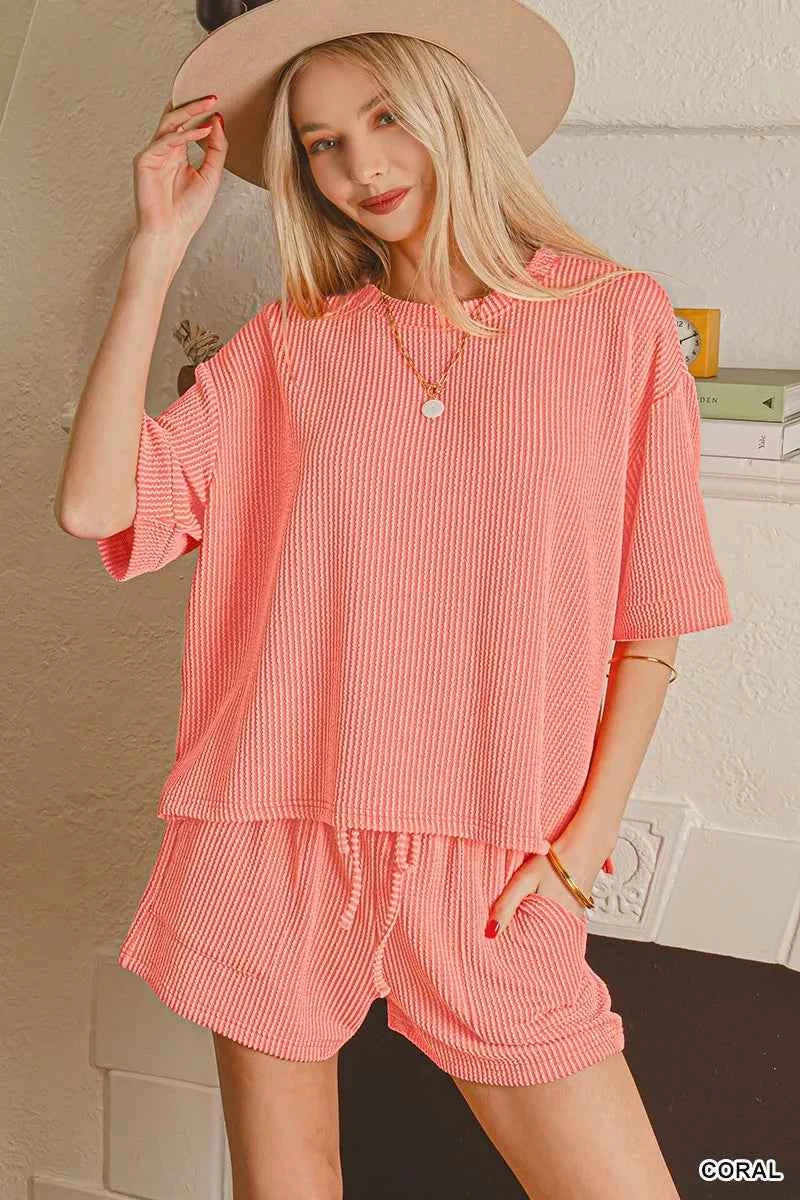 Zenana Raised Rib Short Sleeve Tee and Drawstring Shorts Set CORAL 926eebe4f20949a5b19f29bf20fd24da-Max-Origin
