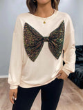 Sequined Bow Round Neck Sweatshirt Apricot 926f41b6027d4eeb971be5302468ffaa-Max-Origin