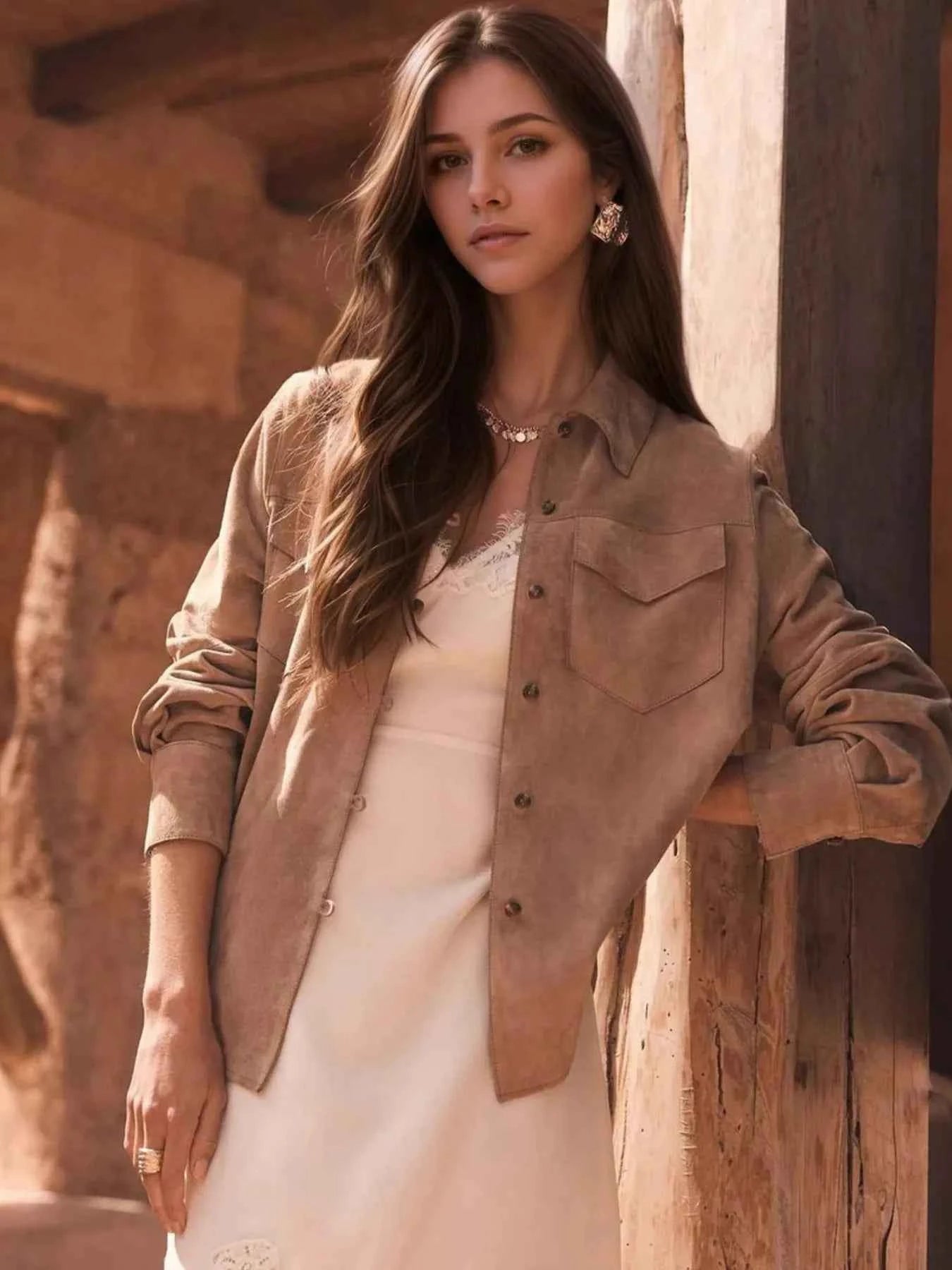 Button Front Long Sleeve Jacket Light Brown 927070c2d6794fab8ea28a71385e1f38-Max-Origin