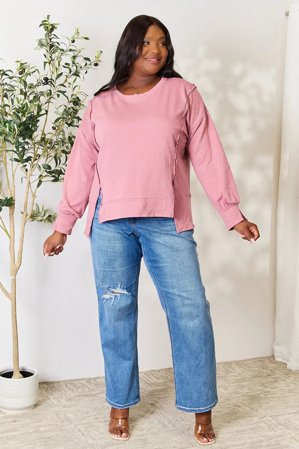 Culture Code Full Size Round Neck Exposed Seam Slit Top 9270ec527b1f4746a274ebd1f2e8195a-Max