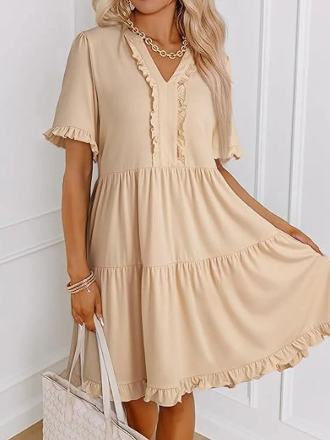 Tiered Notched Short Sleeve Mini Dress Tan 927afd31-fa43-4337-888a-74b9c5e53c36-Max-Origin