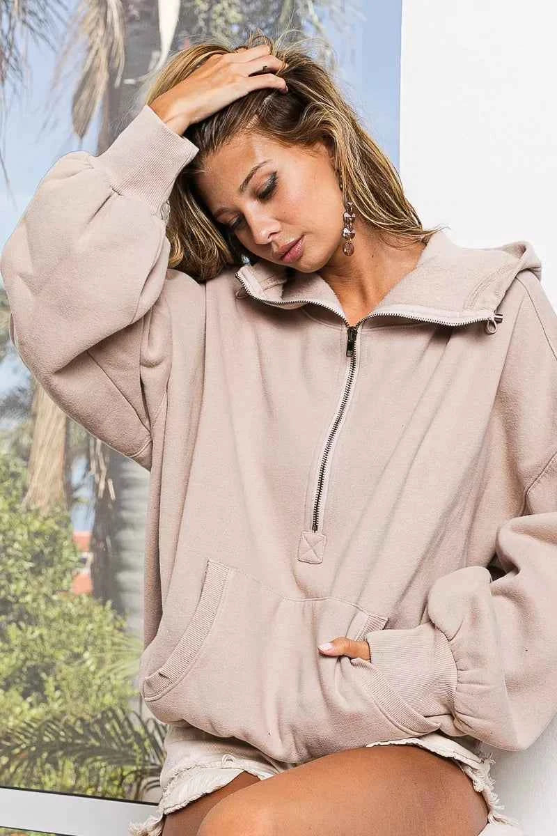 Stitch Detailed Elastic Hem Half Zip Fleece Hoodie 927b8595-d4cd-4f3a-b69f-9955993d7863-Max-Origin