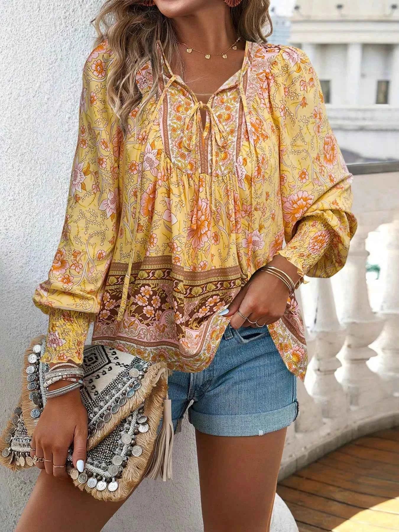 Floral Print Tie Neck Bohemian Blouse Mustard 927eba7c-81cc-45eb-902f-f5899e086157-Max-Origin