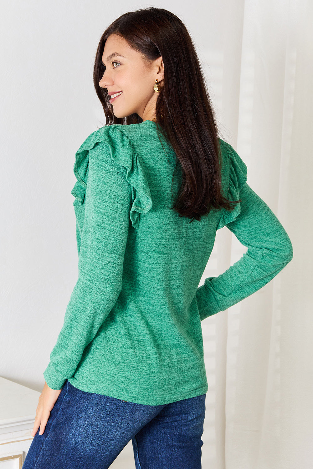 Double Take Ruffle Shoulder Long Sleeve T-Shirt 92804efd2d764c8c9c79f6e7b129f32a-Max