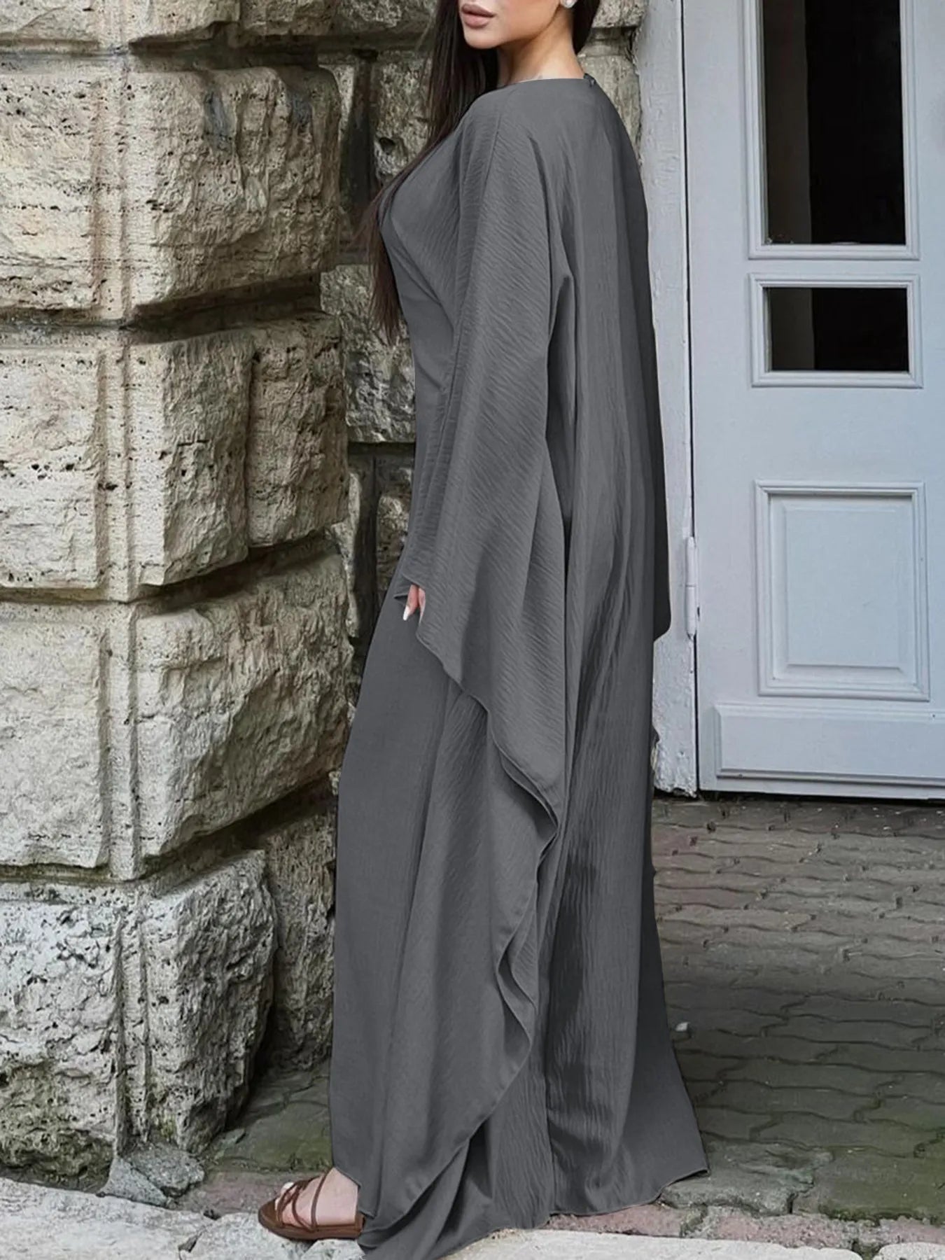 Round Neck Maxi Dress with Flowing Cape Sleeves 92870cd841cd494b9447eef54c676bb6-Max-Origin